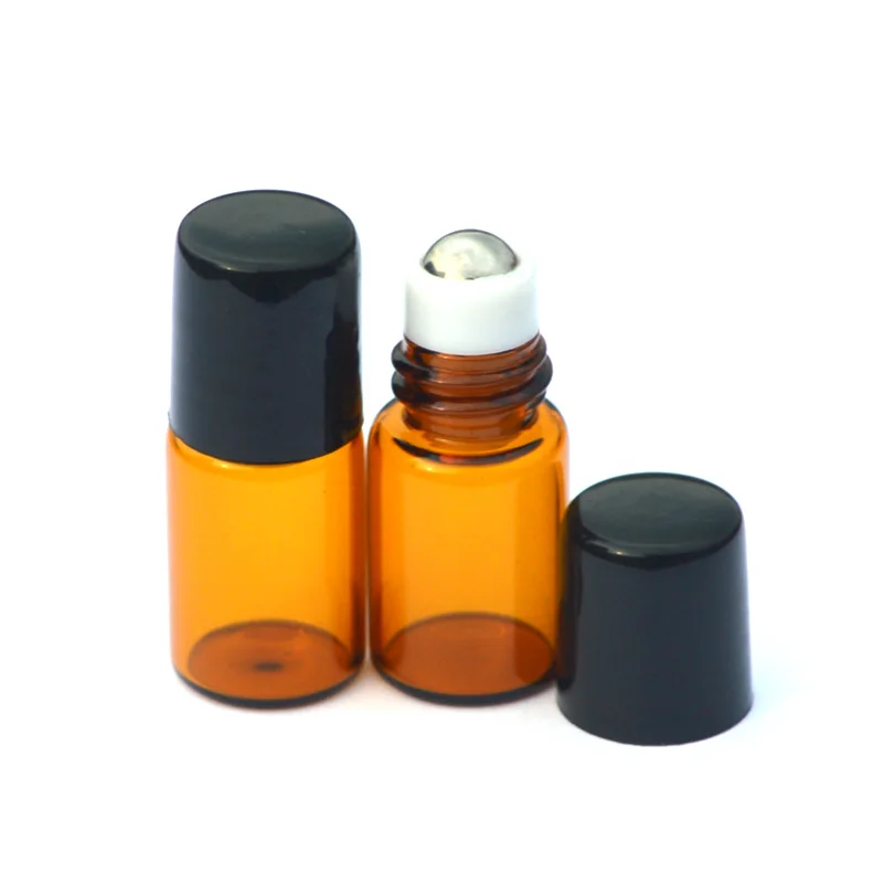 200pcs 2ml Refillable Perfume Sample Roll Amber Glass Jar Mini Essential Oil Jar With Metal Roller Vial