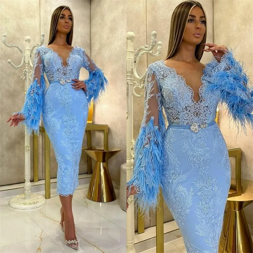 Light Blue Feathers ชุดราตรีแขนยาวชาความยาวลูกไม้ Mermaid Prom กับ Sash ลูกปัดอาหรับดูไบ Robe De soirée