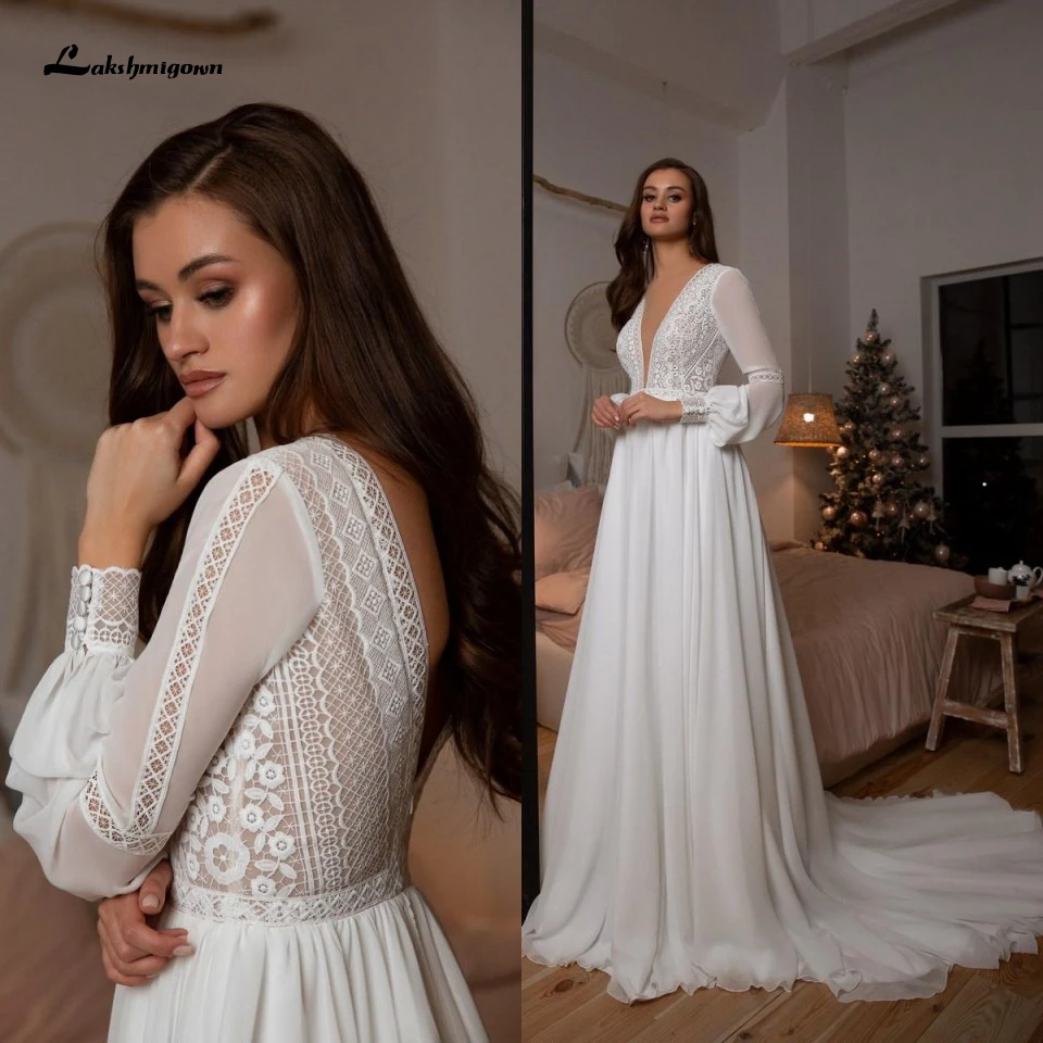 Vestidos Boho Bridal Lange Mouwen Trouwjurken A Line 2021 Robe Longue Simple Beach Chiffon Lange Bruidsjurken V-hals