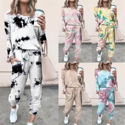 2 sztuk Loungewear kobiety zestaw piżamy Tie Dye Jogger garnitur z długim rękawem wokół szyi spodnie piżamy Loungewear piżamy kobiety HomeWear