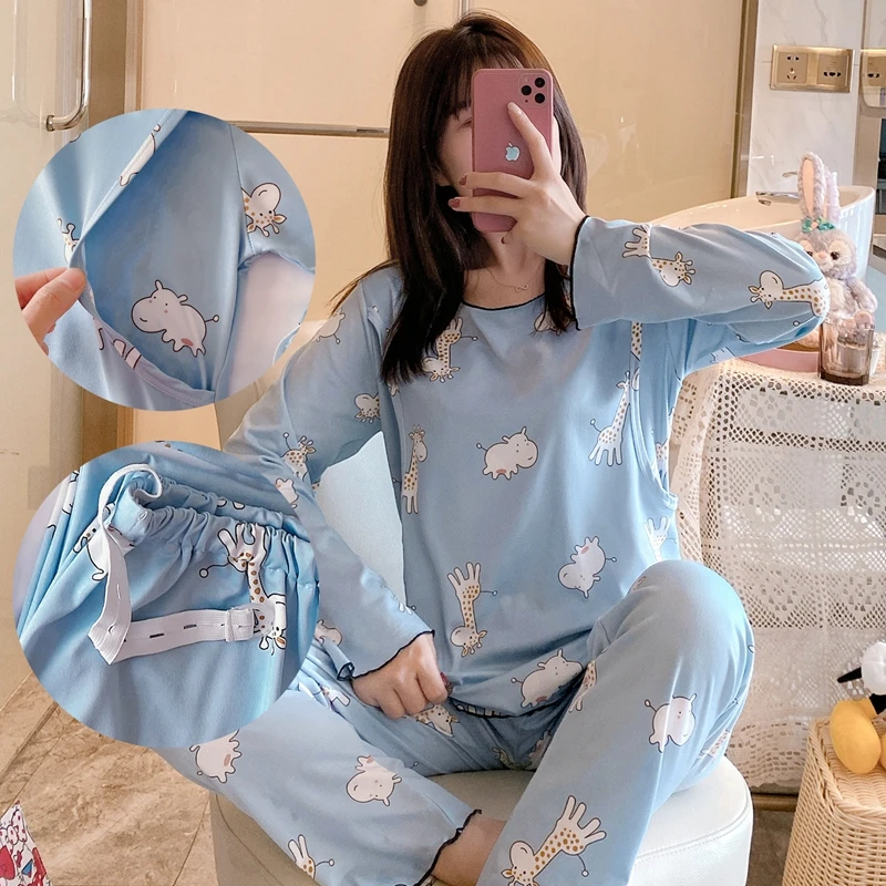 Breast Sleep Maternity Clothes for Pregnant Women Long Sleeve Pregnancy Winter Pajamas Nursing Clothing Breastfeeding Sleepwear