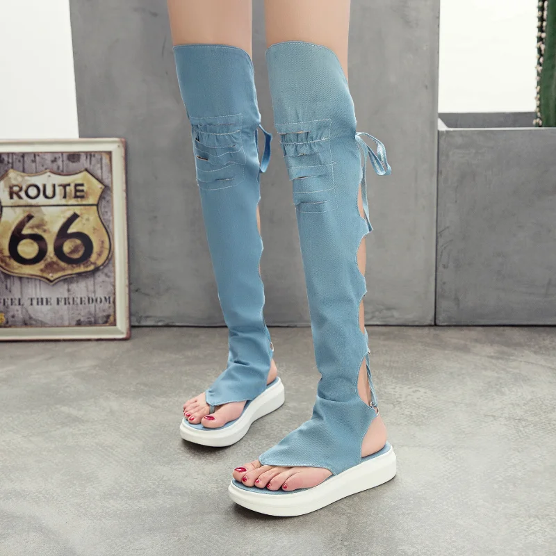 Summer Women Boots Sandals Platform Flip Flop High Top Denim Sandals for Ladies Over the Knee High Sandales Hollow Out WSH3897