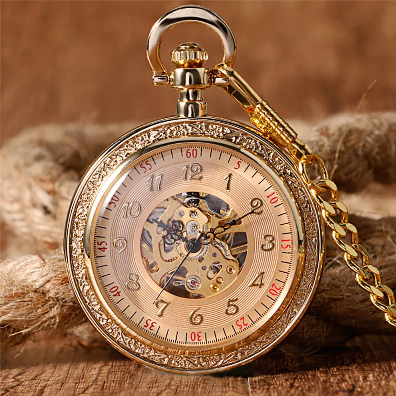 Luxury Unisex Handwinding Mechanical Pocket Watch Manually Skeleton Clock Arabic Number Dial Golden Pendant Chain