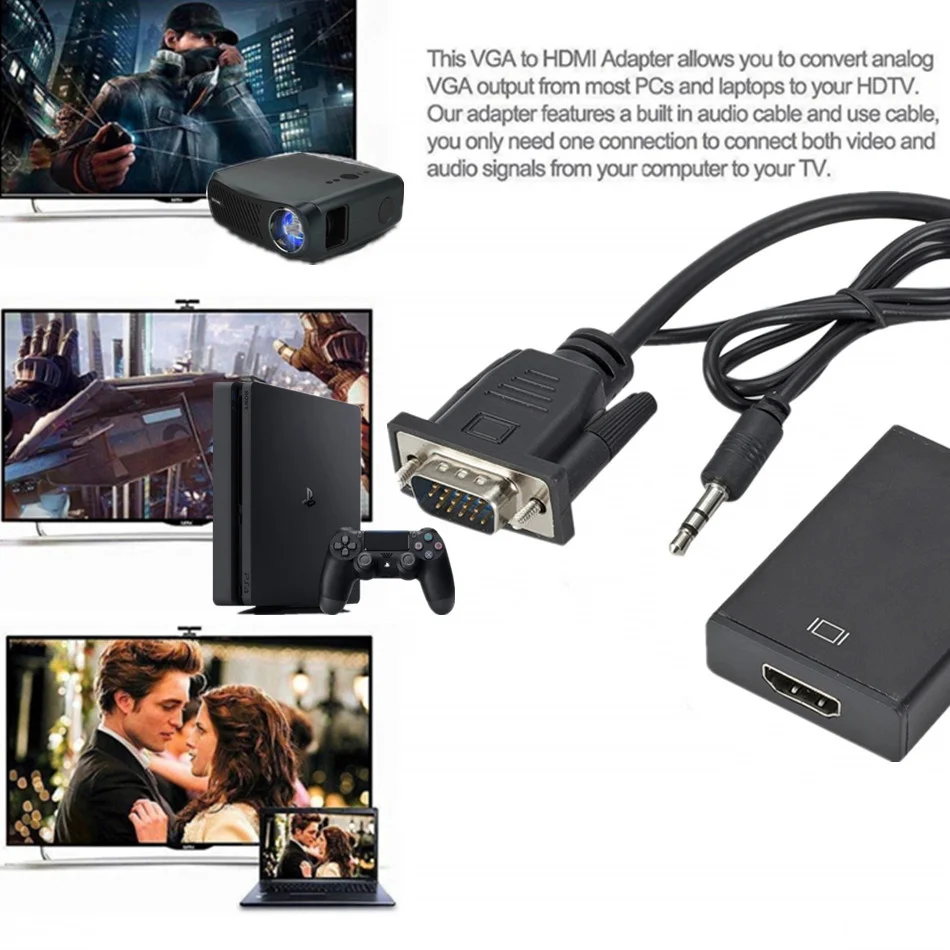 Câble adaptateur de convertisseur compatible Full HD 1080P VGA vers HDMI avec sortie Audio adaptateur VGA HD pour PC portable vers projecteur HDTV