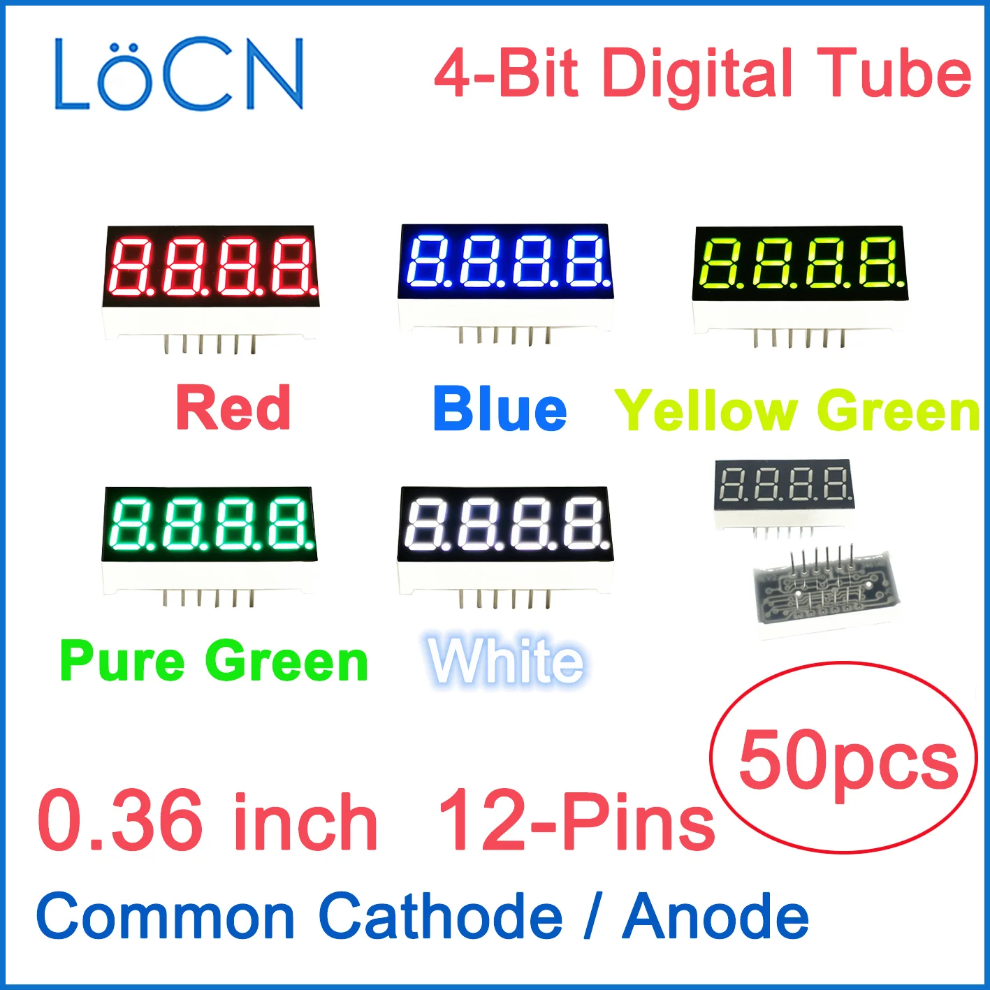 Pantalla LED de 0,36 pulgadas, tubo Digital de 4 bits, rojo, azul, amarillo puro, verde, blanco, ánodo de cátodo común, reloj de alto brillo, 50 piezas LoCN