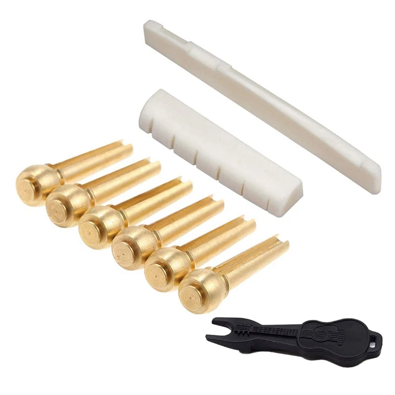 Acoustic Guitar String End Nut Bridge Saddle Abalone Pins Replacements Set (Brass Pins & Bone Saddle Nut)