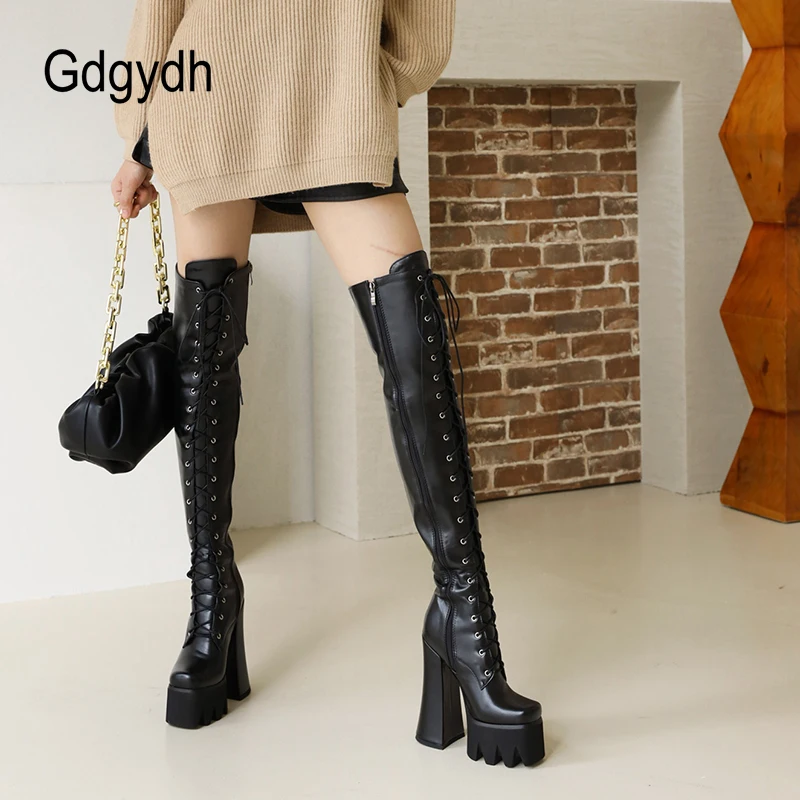 Gdgydh Front Lace Up Women Winter Boots Over The Knee Black Matter Leather Plus Size Lady Fashion Long Boots High Heels Platform