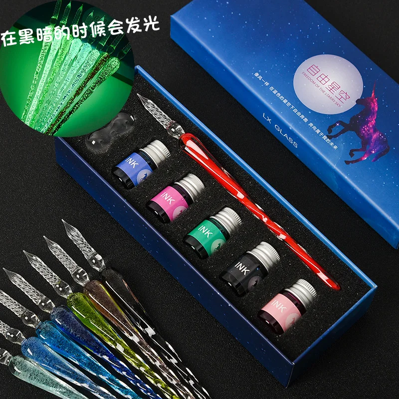 Luminous glass dip pen set hand-dipped in water luminous signature pens New style glass luminous pencil stationery gifts