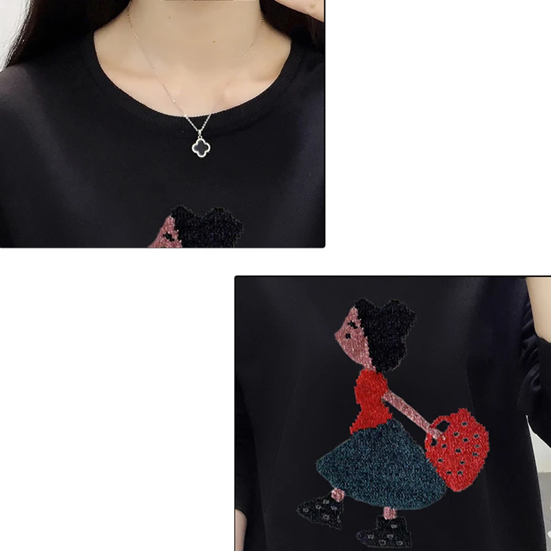 Korean Fashion Embroidery Cartoon T Shirt Women Tshirt Autumn Casual O-Neck Long Sleeves Top Tee Shirt Femme Camisetas De Mujer