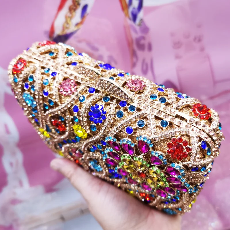 Luxury Evening Bags Multi Color Crystal Party Shoulder Bags Chain Metal Box Clutch Bags Prom Wedding Purse Wristlets Handbags