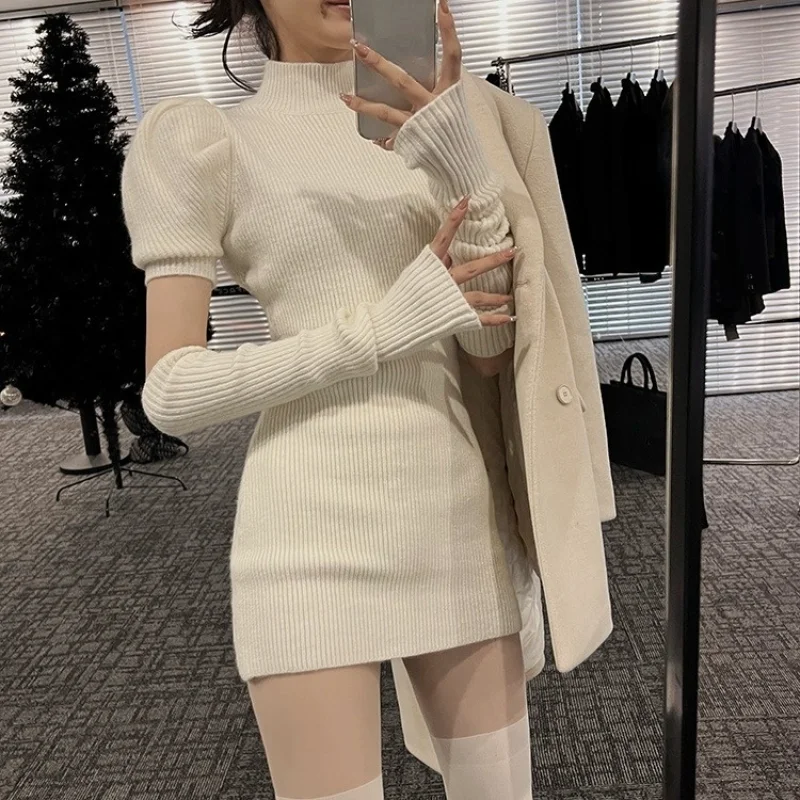 2022 frühling Gestrickten Kleid Party Sexy Dünne Beiläufige Y2k Mini Kleid Pullover Frauen Design Lange Hülse Elegante Einteiliges Kleid koreanische