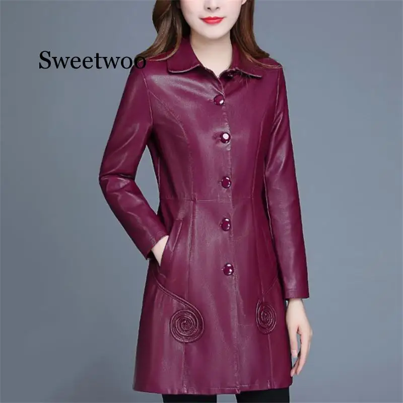 

Leather Jacket Women Wine Red Long PU Faux Leather Coat 2020 New Autumn Winter Korean Slim Black XL-6XL Clothing