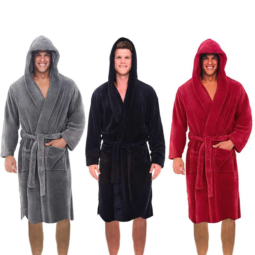 

Men Casual Bathrobe 2021 Autumn Winter Solid Hooded Bathrobe Towel Soft Gown Midi Robe Nightgown Male Loose Home Wear