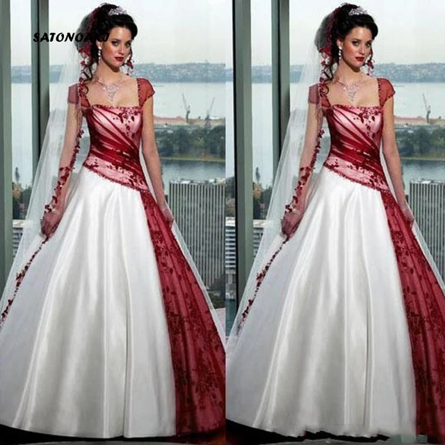 2020 Red And White Wedding Dresses Plus Size Ball Gowns Short Sleeve Tulle Sweep Train Sexy Backless Bridal Vestido De Novia Wedding Dresses AliExpress