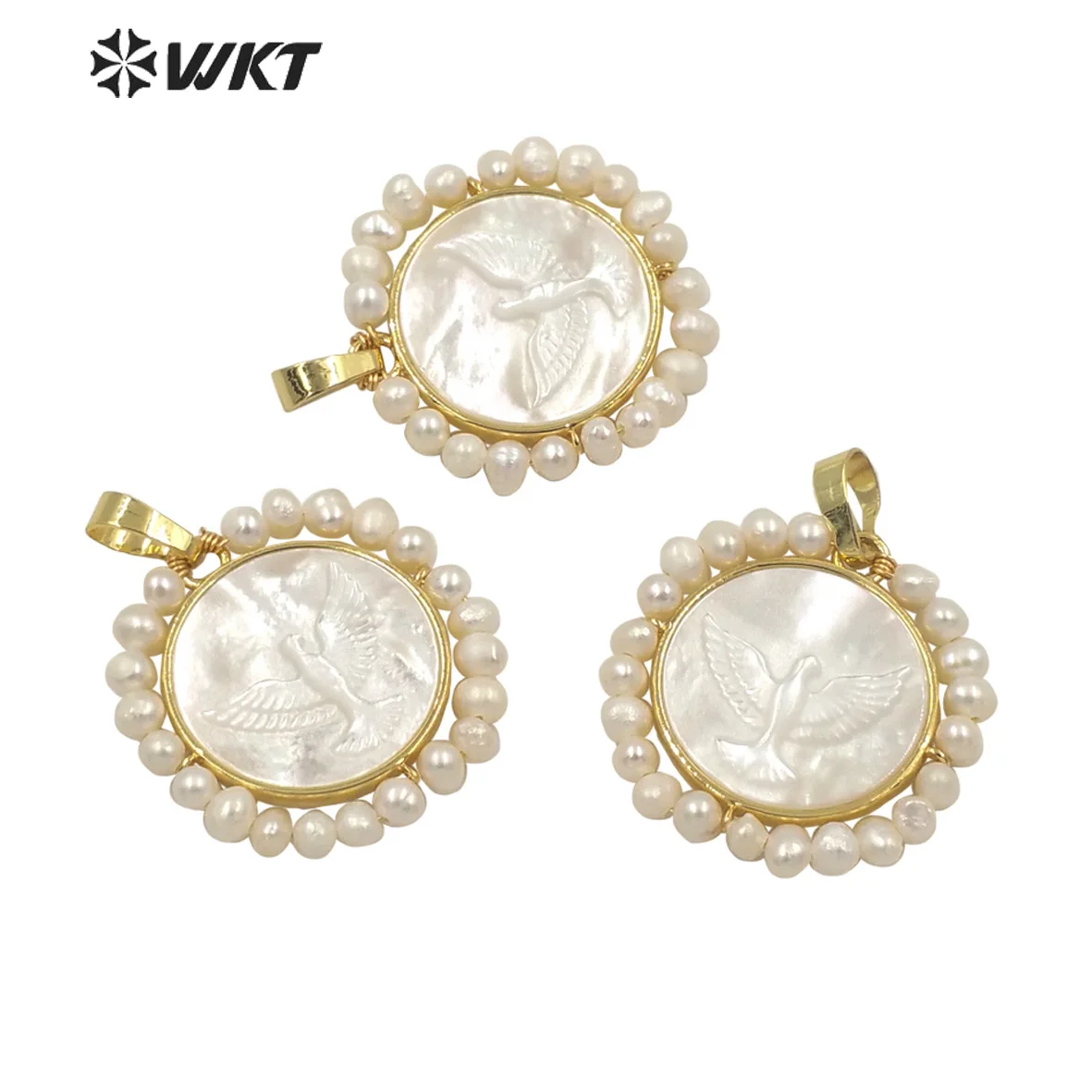 WT-JP263 Amazing WKT New Design Gold Plated Natural White Pearl Pendant Carved Wire Wrapped Round Shape For Jewelry Making