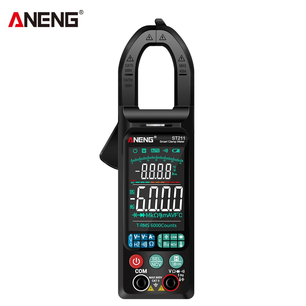 จอแสดงผลขนาดใหญ่หน้าจอ6000นับ ST211 Digital Clamp Meter มัลติมิเตอร์ DC AC แรงดันไฟฟ้าเครื่องทดสอบ Amp Hz NCV Ohm test