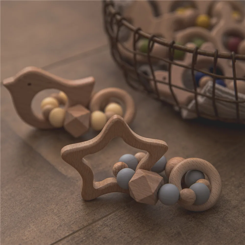 Wooden Toys Baby Animals Bracelets Beech Teether Silicone Beads Teething Wood Rattles Toys Infant Nursing Gift For Newborn