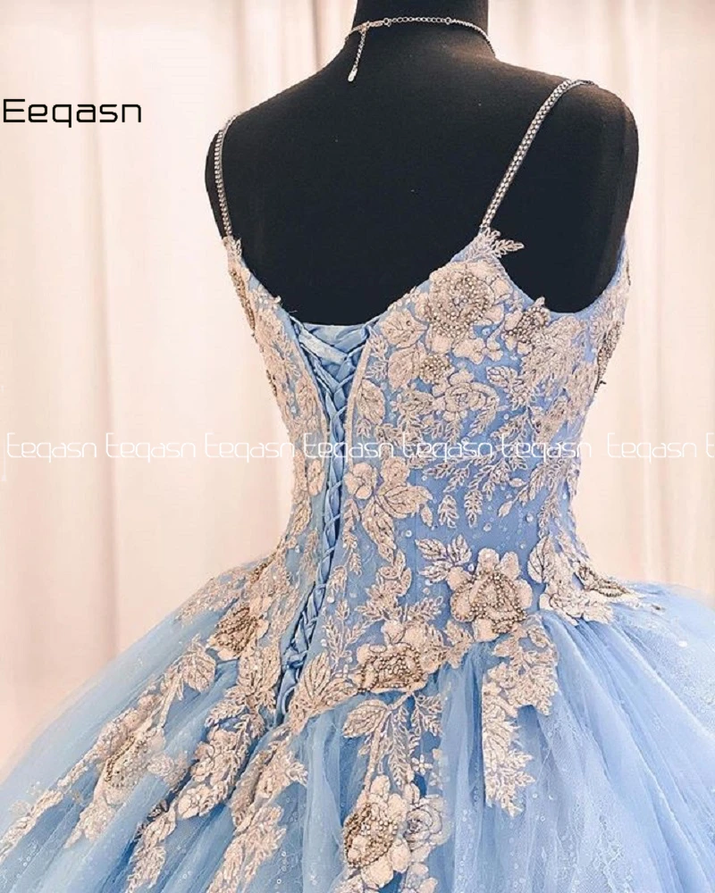 Gaun Biru Vestidos De XV Años Quinceanera Gaun Dansa Bermanik Applique Gaun Prom Rok Ruffles Gaun Pesta Manis 16"