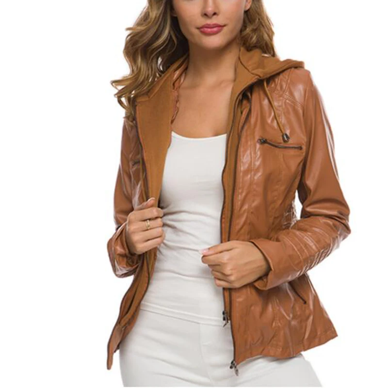 Customizable Hooded Leather Jacket Autumn Winter women's with zipper leather jacket short PU jacket coat Suit Jackets