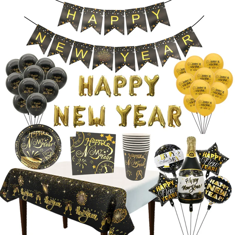 

Black Gold Happy New Year Banner Letter Balloons Disposable Tableware 2024 New Year Party Photo Booth Props Home Decor Supplies