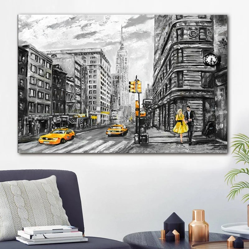 Rain City Street Scenery Paris Canvas Painting Landscape Red Tree Yellow Car Pictures For Living Room Wall Art Decor NO FRAME