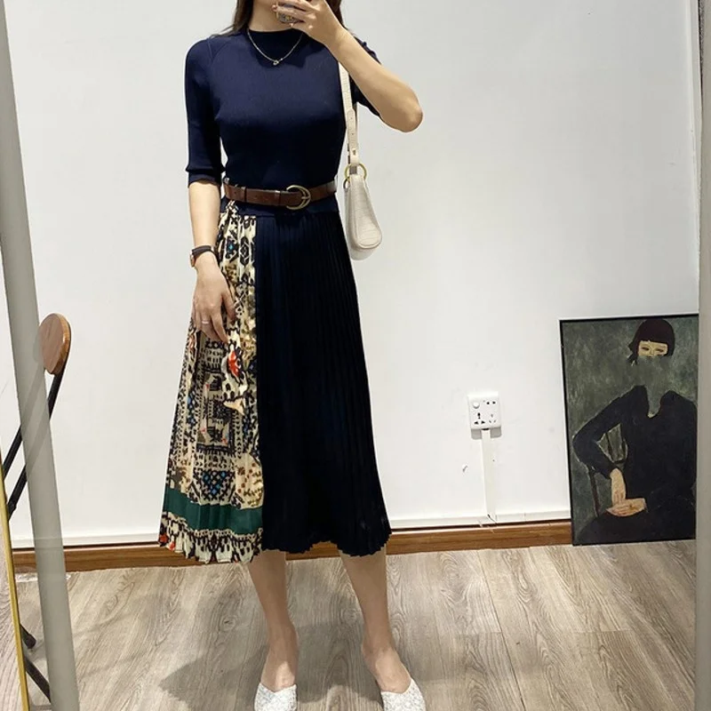 2022 Dress Summer New Womens Fashion Casual Spliced Pleated Skirt Korean Style Pullover Office Lady Elegant Vintage Dress