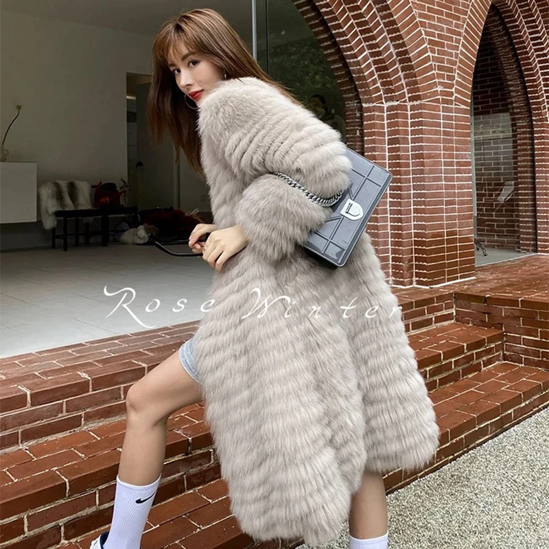 Women Winter White Real Fox Fur Long Jacket Outerwear Coat Natural Fur Thick Winter Coat Length 95cm