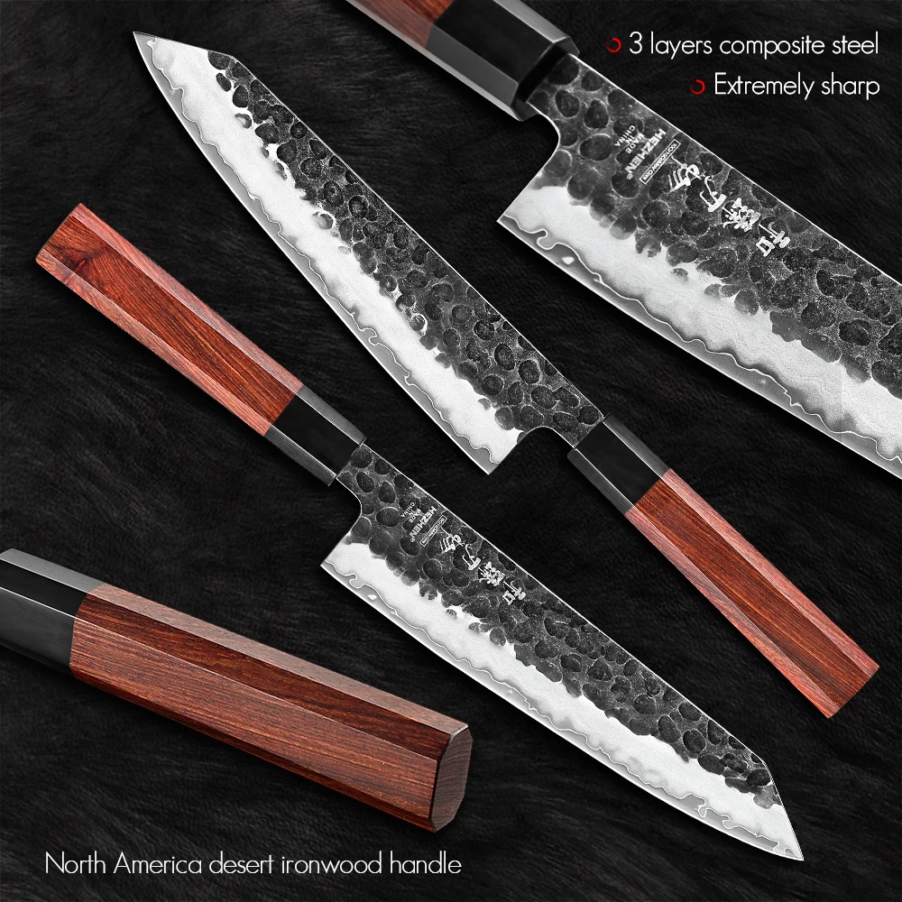 HEZHEN 1-3PC Kitchen Knife Set Chef Utility Santoku Professional Clad Steel Japanese Cook For Meat Kitchen Knife Red Wood