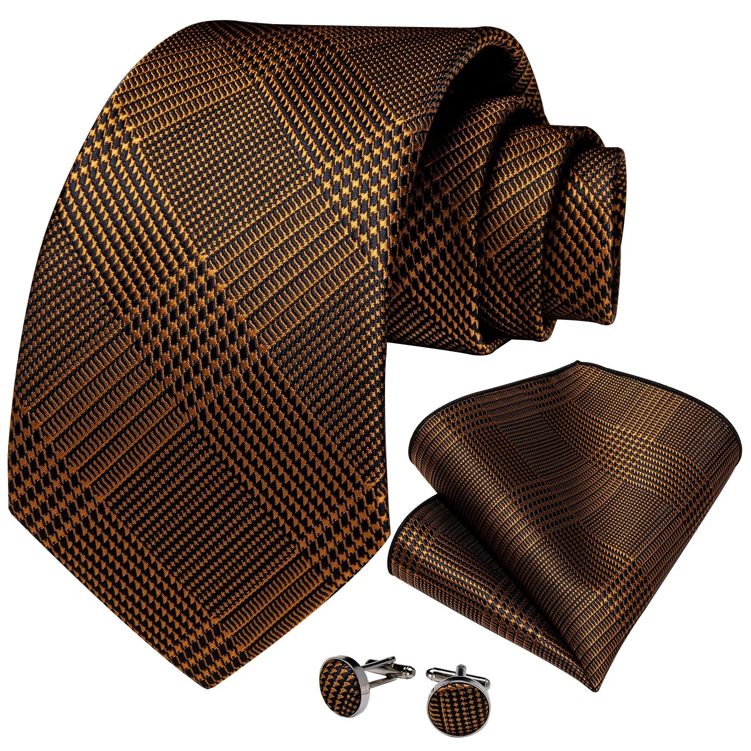 Luxo houndstooth ouro preto cinza prata gravatas de seda para homens casamento de negócios dos homens gravata no pescoço conjunto lenço abotoaduras presente