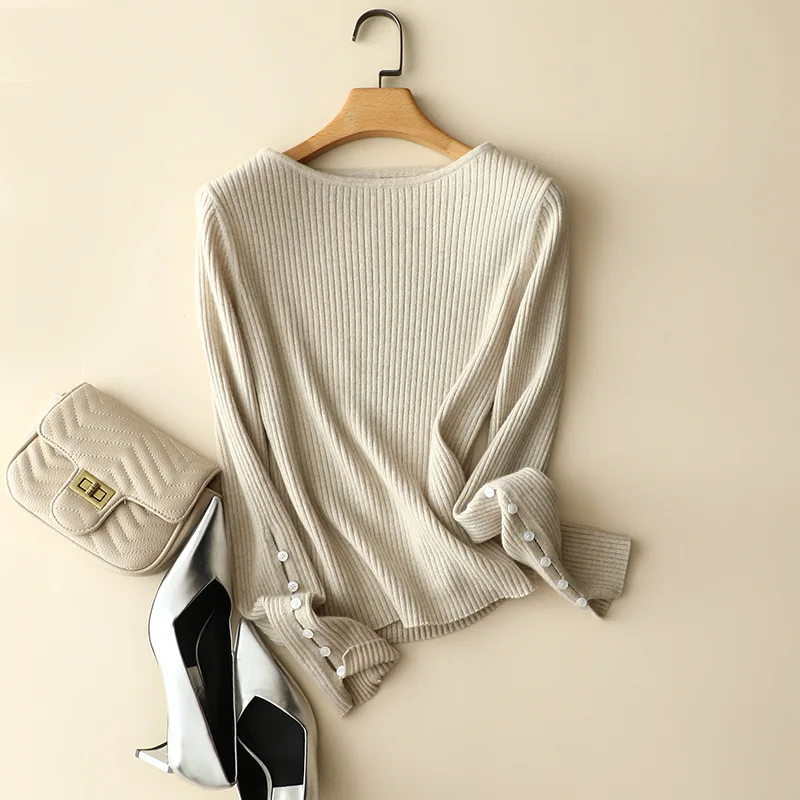 

women's 100% cashmere ribbed knit buttons sweaters long sleeve for autumn winter seasons