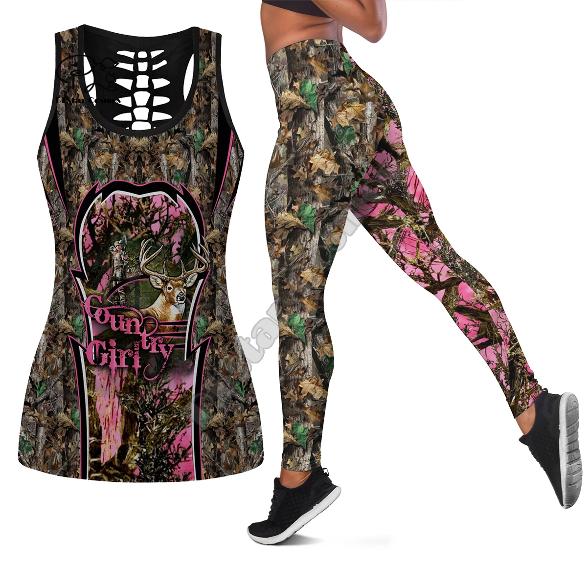 PLstar Cosmos Women/Girl Summer Workout Pants 3DPrint Hunting Hunter Camo Hollow Out Tanktop Vest Yoga Suits Fitness Leggings A1