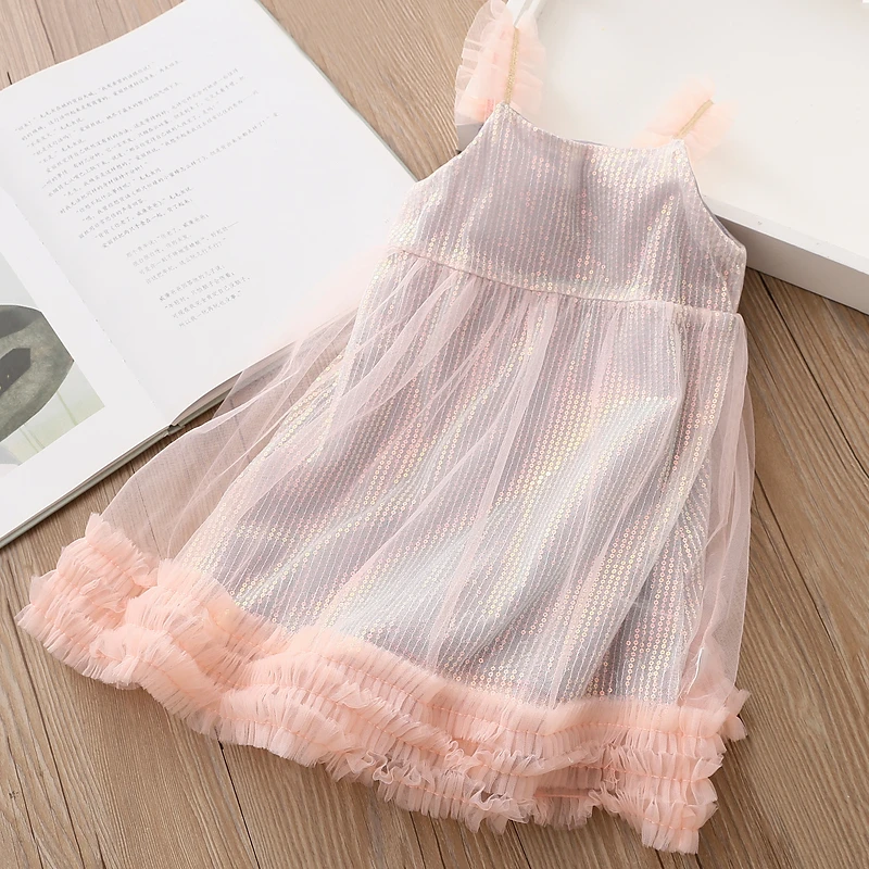 2025 New Summer 2 3 4 Years 90 100 110cm Princess Tank Party Backless Mesh Braces Camisole Slip Kids Baby Girl Glitter Dress