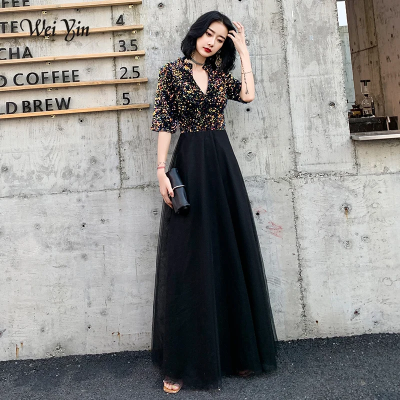 

AE0142 wei yin Formal Dresses Women Elegant Fashion A-line Sequined Long Evening Dresses Sexy V-neck Party Evening Dresses