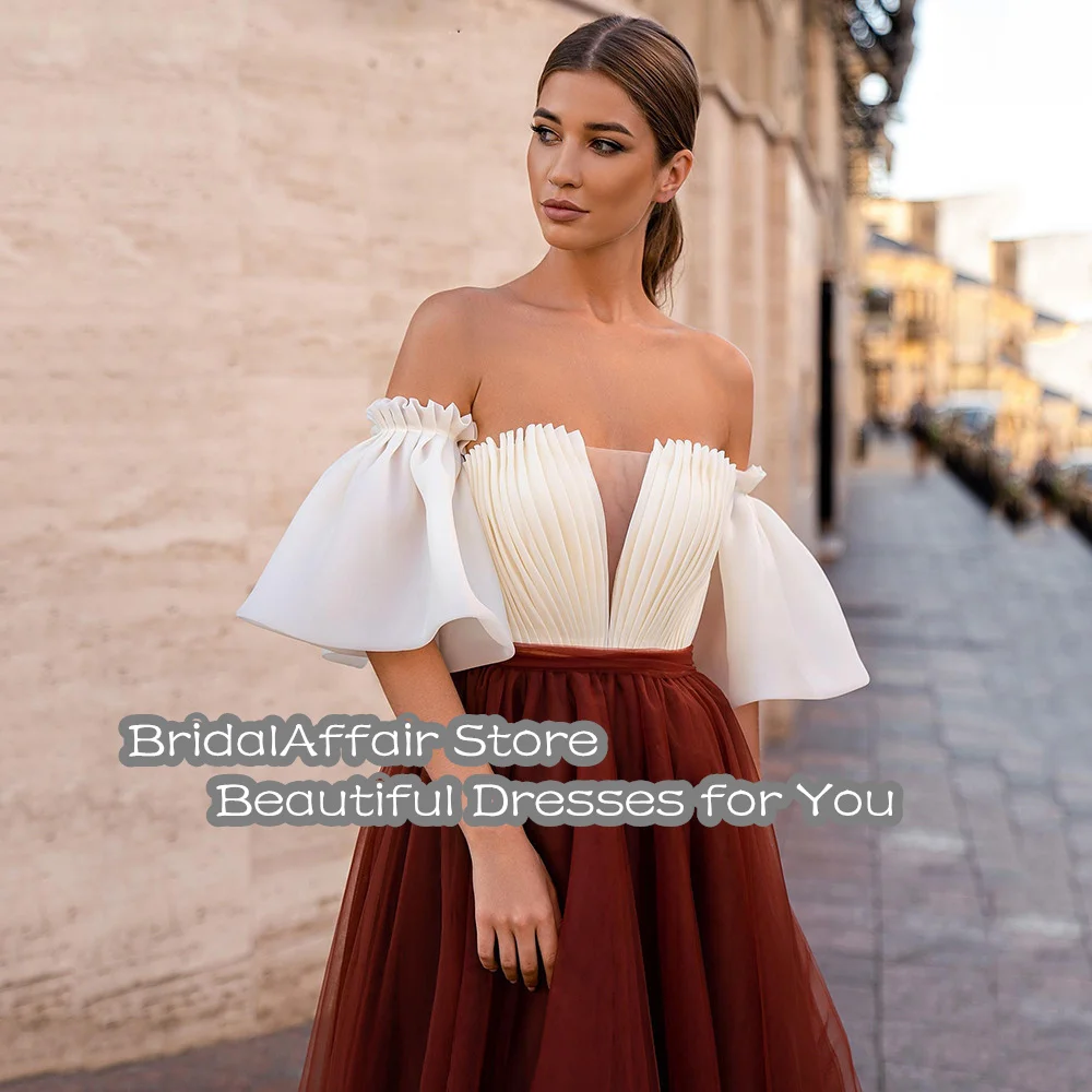 BridalAffair A Line Prom Dresses Soft Tulle Elegant Long Party Dress Formal Puffy Sleeves Evening Dresses Bow Belt Formal Dress