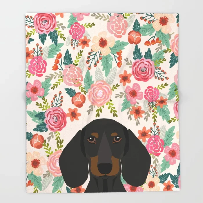 Dachshund Cartoon Throws for Sofa Cute Kids Design Dachshund Floral Dog Blankets Christmas Decorations for Home Custom Blanket