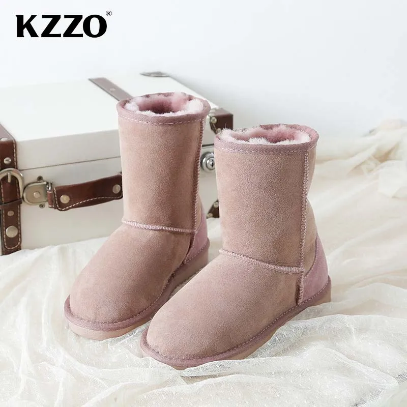 KZZO Classic Sheepskin Suede Leather Snow Boots For Women Natural Wool Flat Boots Mid-calf Fur Lined Winter Warm Shoes Non-slip