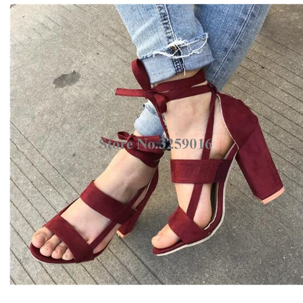 

Open Toe Chunky Heel Gladiator Sandals Summer New Fashion Women Suede Leather Lace-up Ankle Wrap Thick High Heel Sandals