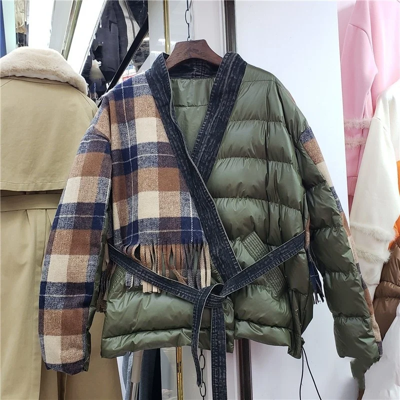 Green Army Denim Collar Down Jacket Female Patchwork Plaid Wool Tassel Sashes Pockets 2022 New Winter Thickening Outerwear