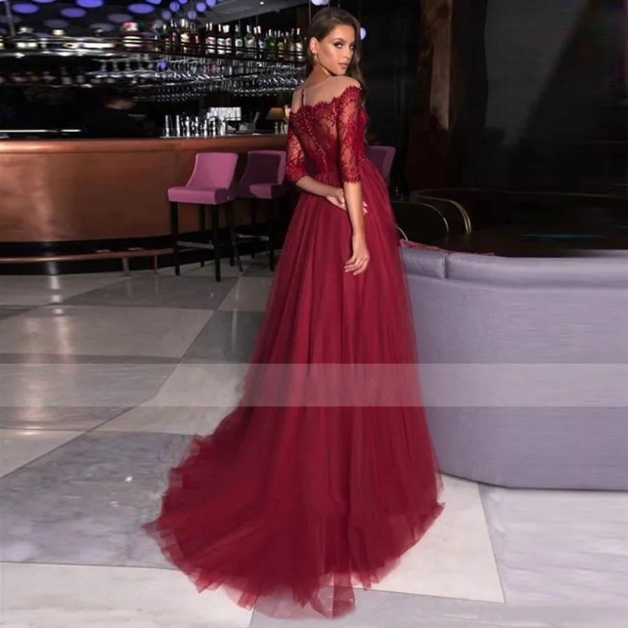 Burgundy Sheer NeckTulle Half Sleeves Evening Dresses 2024 Lace Applique Beaded Sweep Train Formal Gown Vestidos De Fiesta