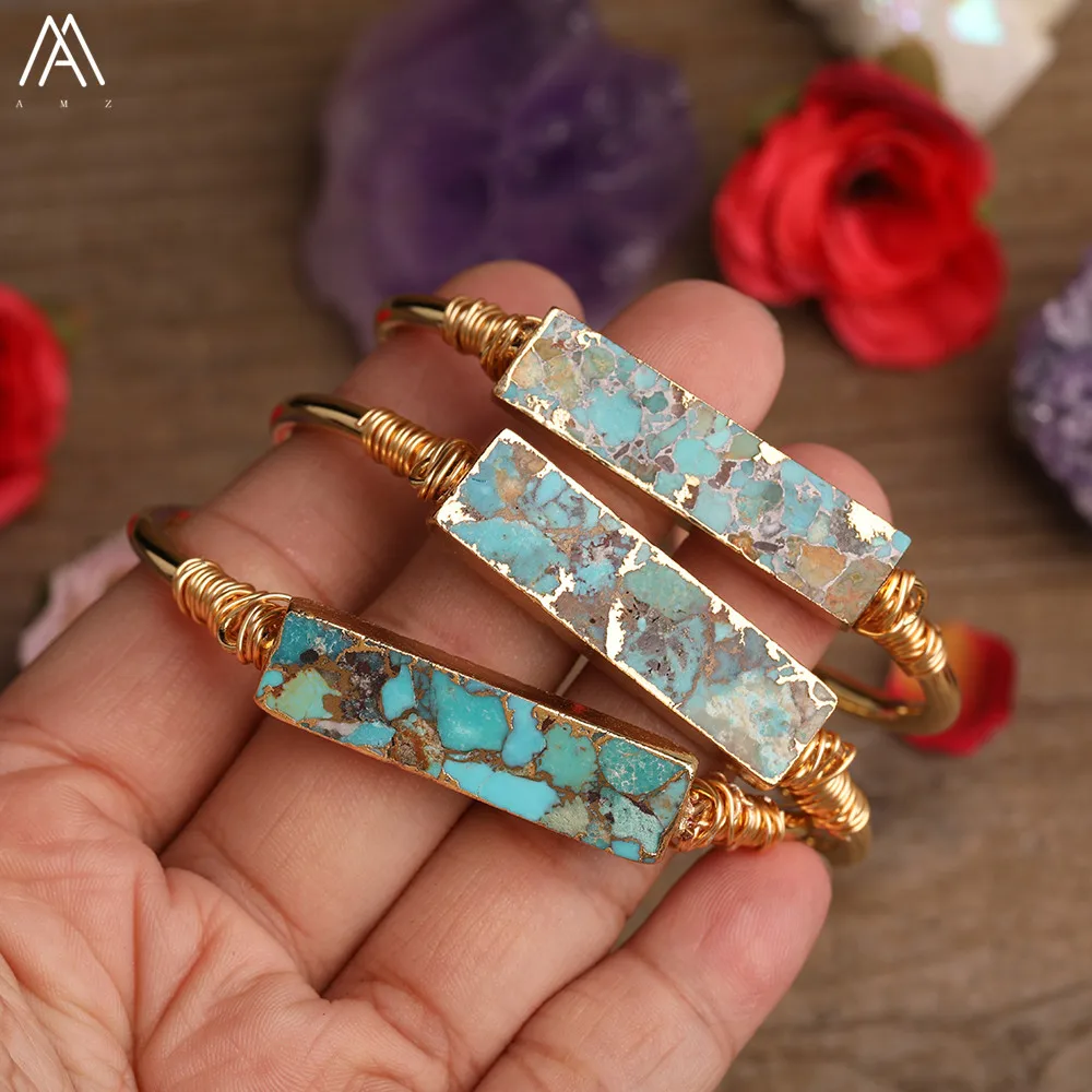 Natural Turquoises Stone Rectangle Slab Beads Open Cuff Bangle Bracelet Women Friendship Gold Bracelet Jewelry Gift BG017AMBD
