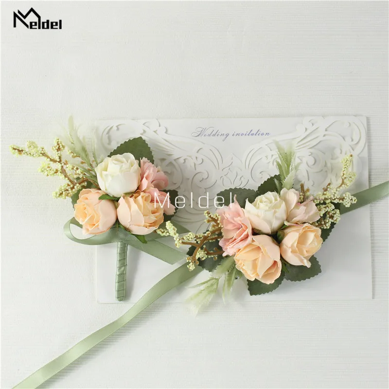 Meldel-Corsage de pulso para casamento, boutonniere masculino, pulseira, alfinetes do noivo, flor de corsage de pulso, rosa vermelha seda