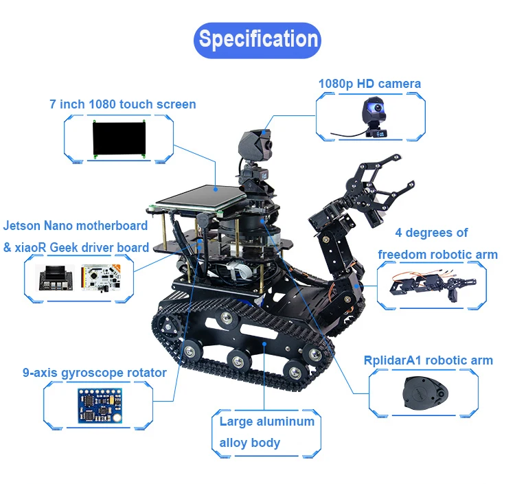 Educational smart robotic tank kits car with robotic arm automatically navigation and path planning