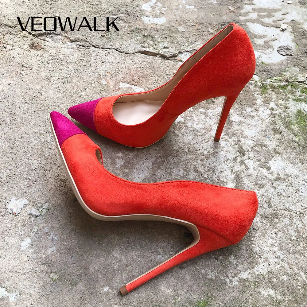 

Veowalk Women Velvet Red High Heels Patchwork Pointed Toe Stilettos Pumps Elegant Ladies Slip -on Party Wedding Shoes