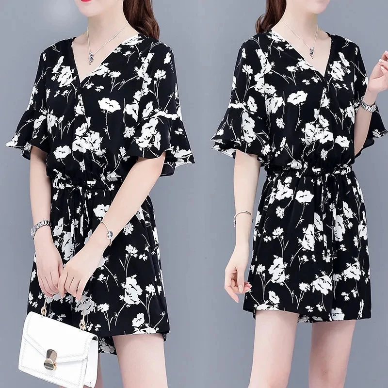 

Women Dresses Summer 2021 Sexy V Neck Floral Letters Print Dress With Pants Two Piece Set Casual Chiffon Clothing Plus Size 5XL