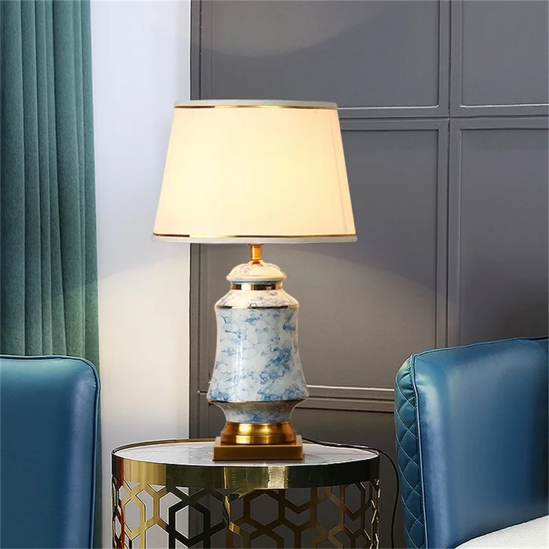 OURFENG Luxury Decorative Table Lamp Blue Ceramic LED 220V 110V Bedside Desk Light For Home Foyer Office Bed Room