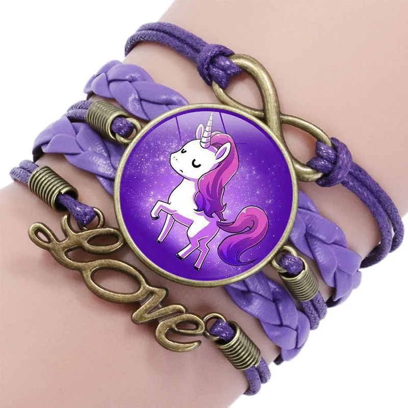 

10PC Cute Unicorn Pegasus Fly Horse Glass Cabochon Braided Multi Layer Bracelets Men Women Fashion Leather Bracelet Jewelry Gift