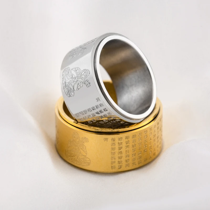 Southeast Asia Fashion Classic Rotating Ring Male/Female Stainless Steel Gold Buddhist Scripture Rings