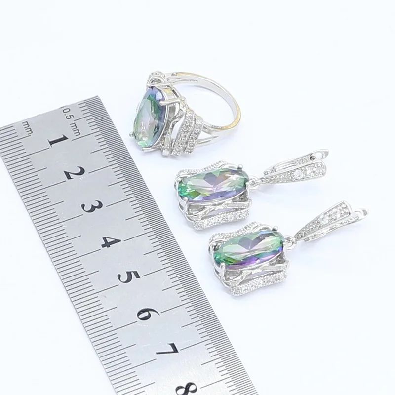 Silver Color Jewelry Sets for Women Rainbow Multi Color Topaz Bracelet Earrings Rings Necklace Pendant Gift Box