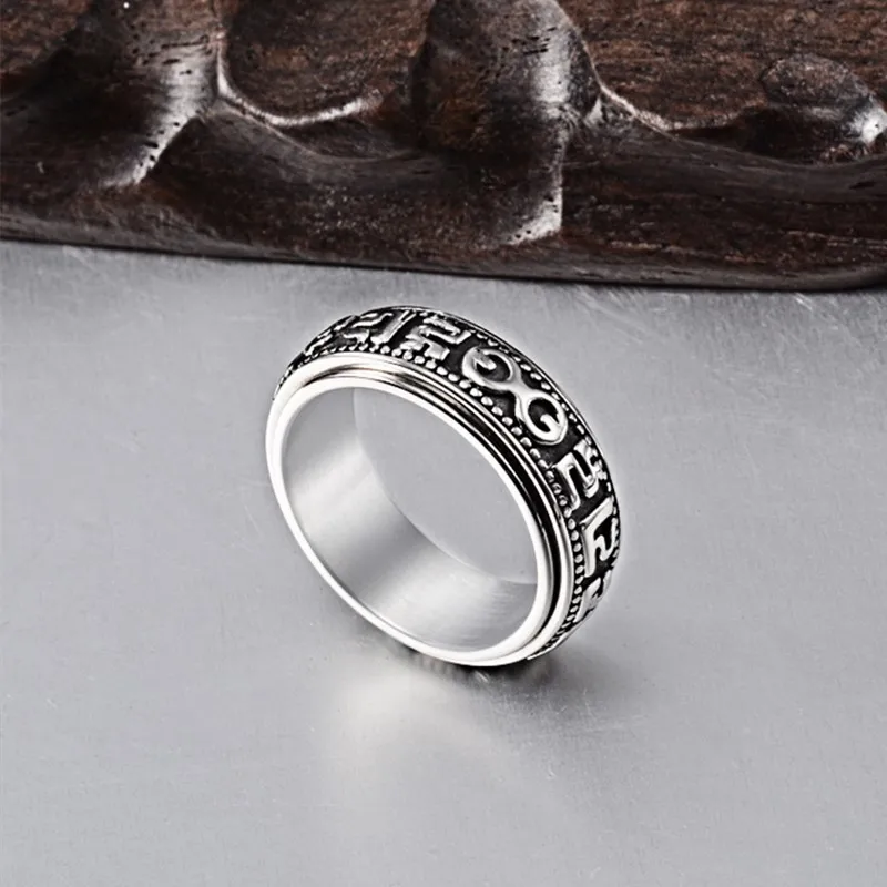 Stainless Steel Tibetan Buddhist Mantra Sanskrit Spinner Ring for Men Women Size 6-12