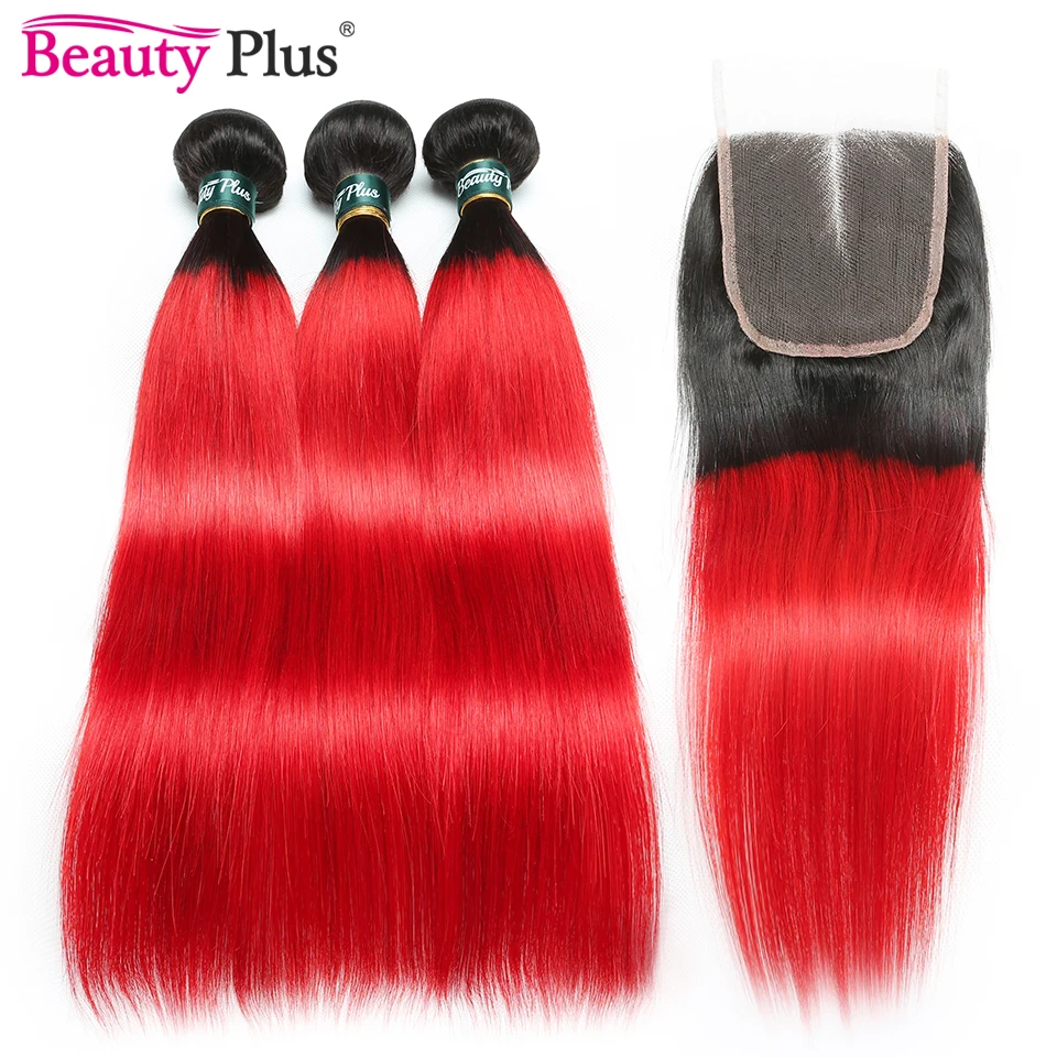 Ombre Red Brazilian Remy Straight Human Hair Bundles With Closure 10-28Inch Long Straight Hair 10A Red Hair Bundles With Closure